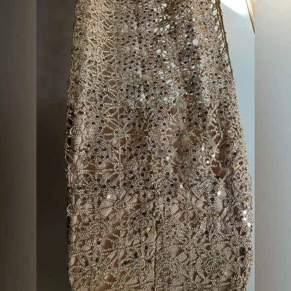 Forever 21 Stunning lace embroidered open back Gold dress with sequin sz medium NWOT - Image 7