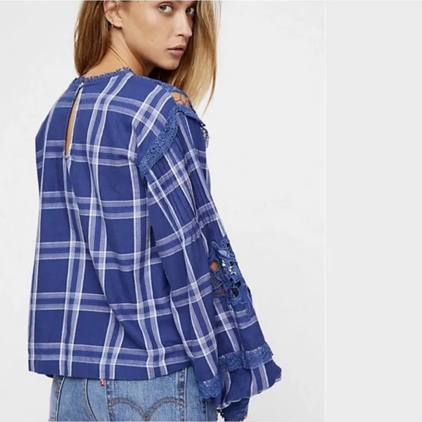 FREE PEOPLE Darling Diana Tunic Lace Top Size‎ XS-Blue Plaid $128 - Image 2