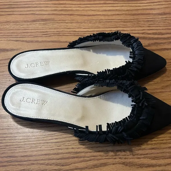 J. Crew Loafer Black Suede Fringe Slip-On Mules Women’s Pointed Flats Size 8.5 - Image 2