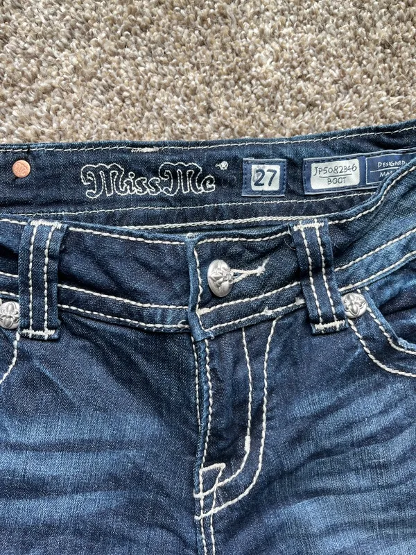 Y2K Miss Me Bootcut Jeans Blue Rhinestone Wing Back Pocket Size 27 Cotton - Image 2