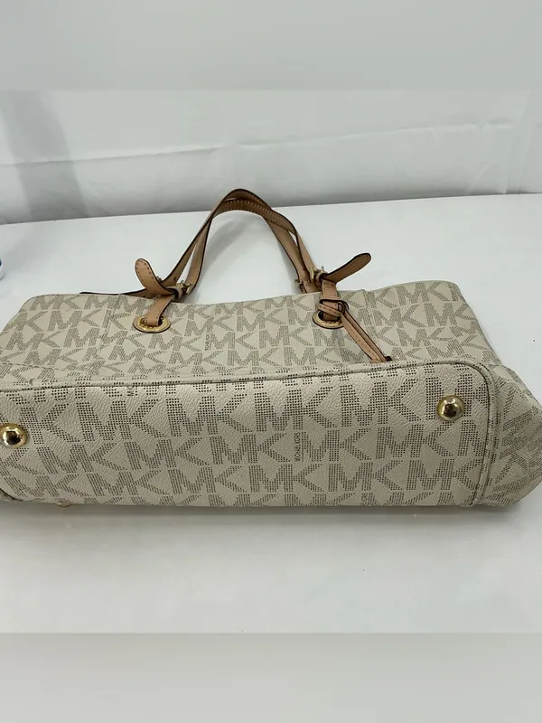 Michael Kors Beige Logo MK Tote with Tan Leather Straps D23 - Image 3