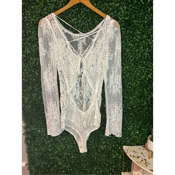 NWT $168 FREE PEOPLE Ready To Party Bodysuit White Embellished Lace Mesh Sheer S - Image 6