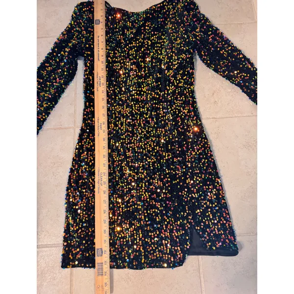 Bella Barnett NWT Sequin Mini Dress M Black Rainbow Long Sleeve‎ Open Back Dress - Image 8