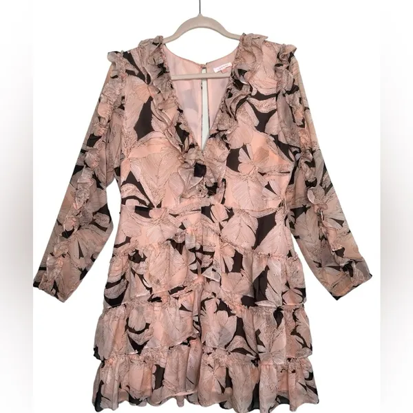 Luxxel Blush Floral Ruffle Mini Dress Romantic Cottagecore Wedding Guest Large - Image 3