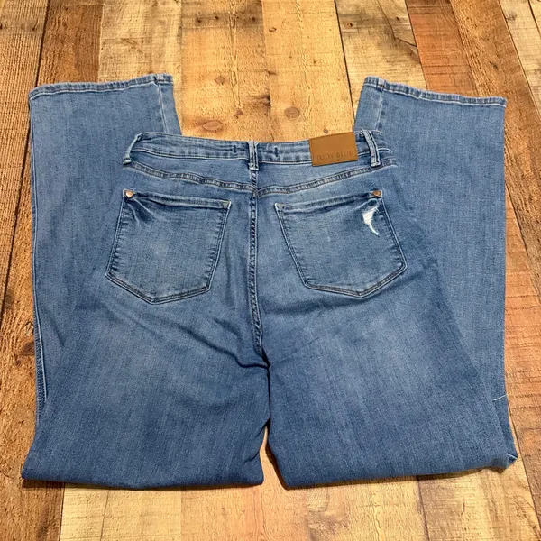 Judy Blue Wmns Medium Wash Stretch Denim Straight Leg Jeans Sz 11/30 Distressed - Image 7