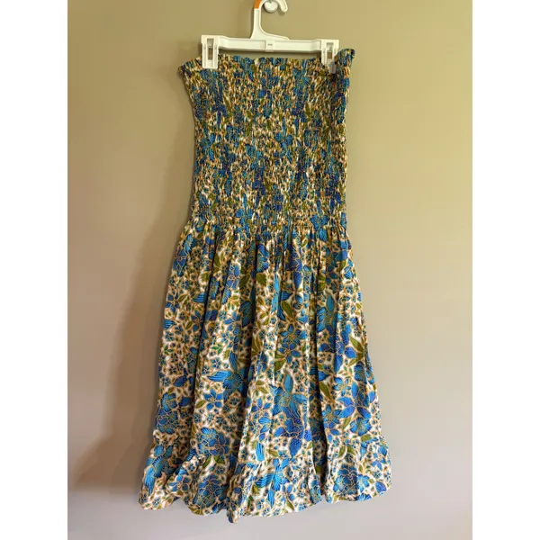 Island Planet Miami Beach Smocked‎ Strapless Floral Cotton Midi Dress Blue Green - Image 2