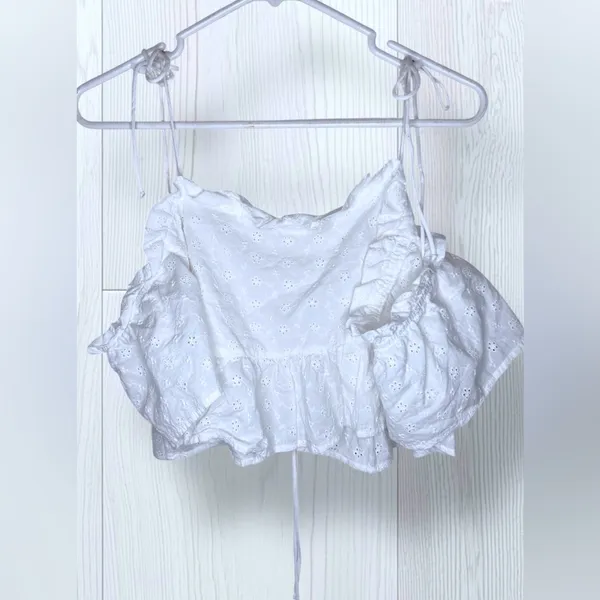 NEON ROSE Women’s White Eyelet Lace Crop Top Puff Sleeve Tie Front Peplum Blouse - Image 3