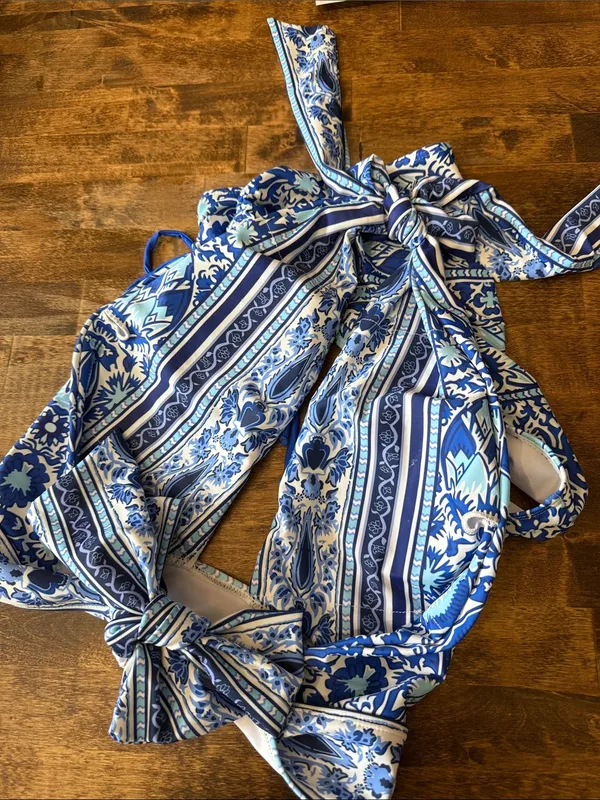 Blue Boho Mosaic High-Waist Halter Bikini Large Modest - Image 7