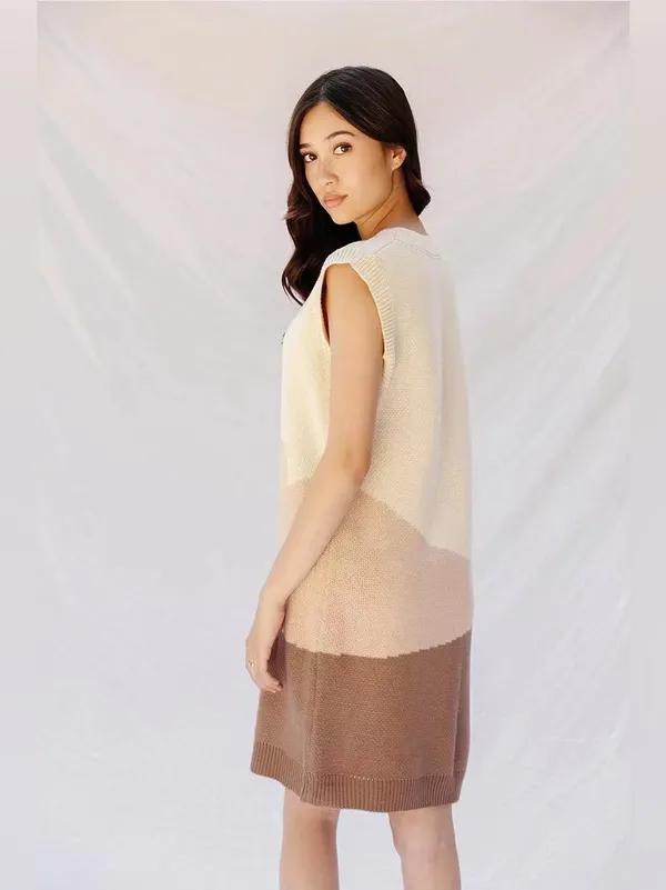 Miss Sparkling Sunset Cream Beige Brown Colorblock V Neck Knit Sweater Mini Dres - Image 3