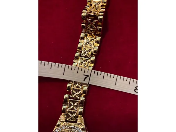 Gold-Tone Greek Key Medallion Link Bracelet – CZ Halo Accent, 0.5" Wide Band 7”L - Image 6