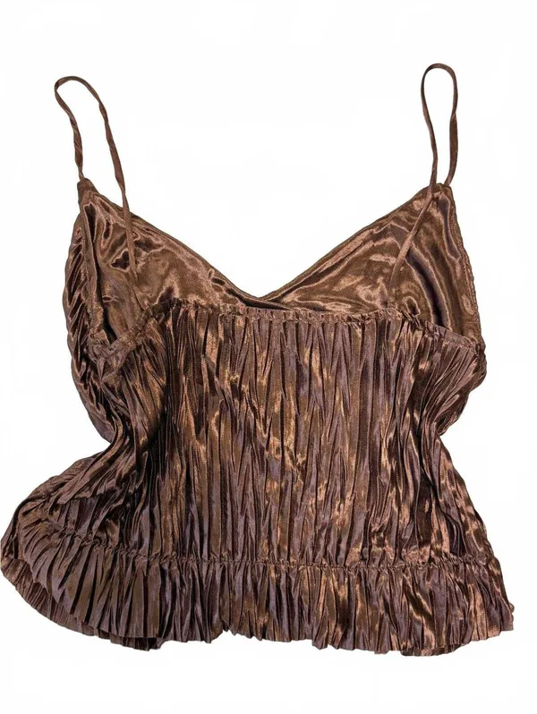 ZARA Brown Pleated Satin Camisole Top Medium M Made in Portugal - Image 3