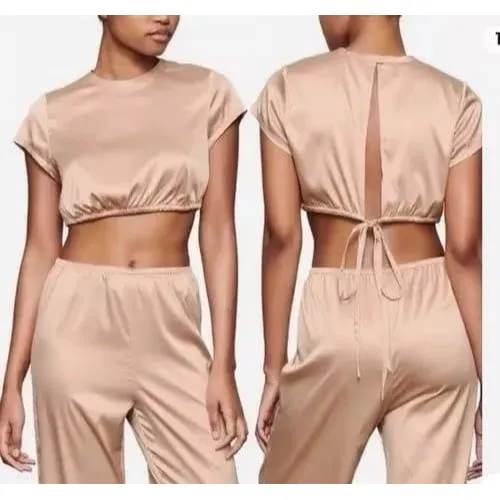 Skims Woven Shine Stretch Satin Crop Top Pink Sand Size Small - Image 2