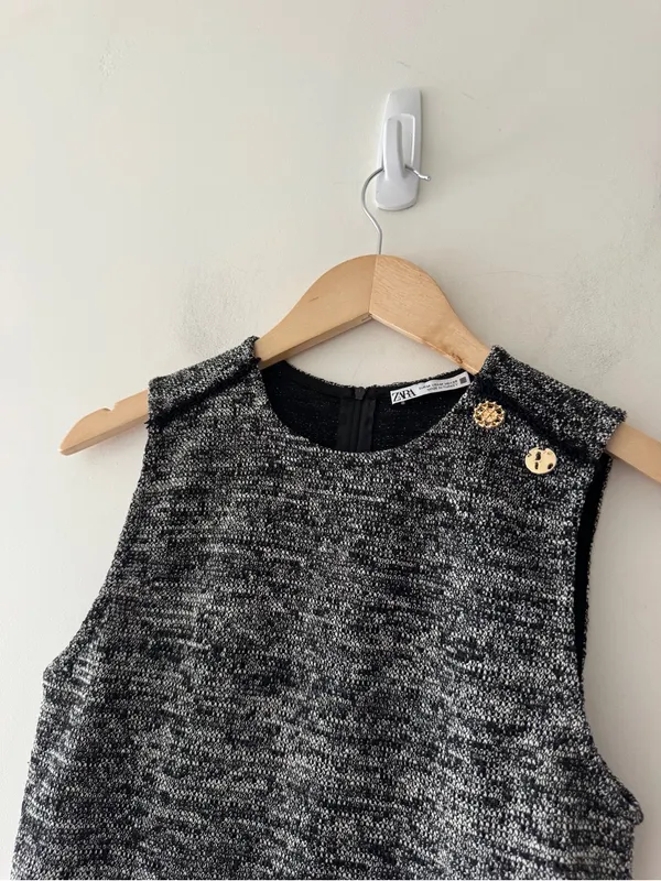 Zara Jacquard‎ Structured Gray Black Tweed Top - Image 6