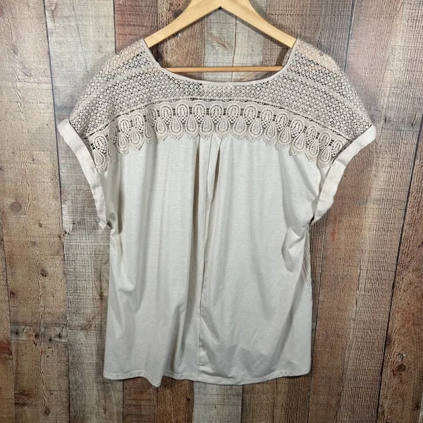 Indigo Rose 1X Beige Crinkle Gauze Blouse Lace Crochet Boho Cottagecore Top Plus - Image 4