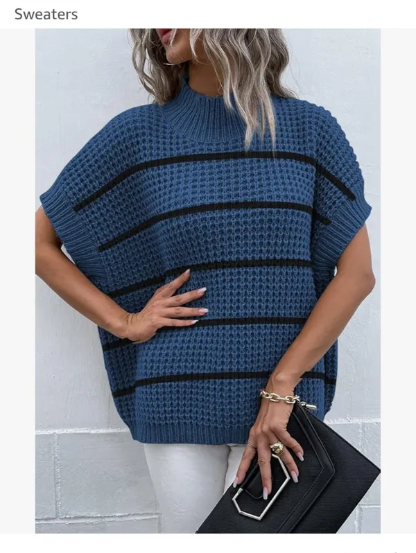 Blue Oversized Short Batwing Sleeve Mock Neck Sweater Vest Size Large New - Image 3