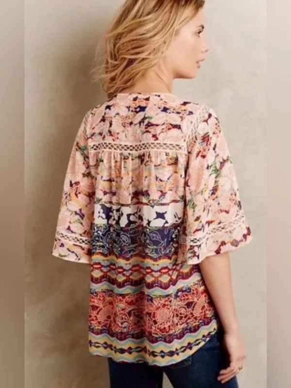 Anthropologie Meadow Rue Batai Peasant Tassel Mixed Floral Crochet Lace Top - Image 3