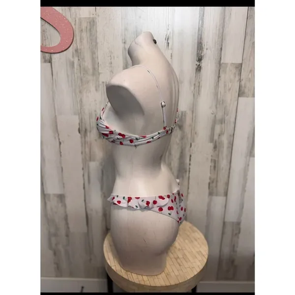 Cherry Print Bikini Set Women's Two Piece Ruffle Bottoms Adjustable Straps Size White - Image 3