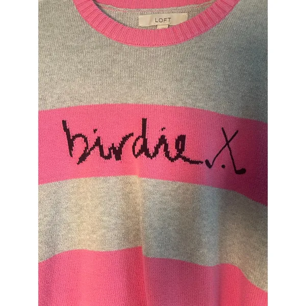 LOFT Birdie Golf Striped Cotton Pullover Sweater Pink Grey Large Preppy - Image 2