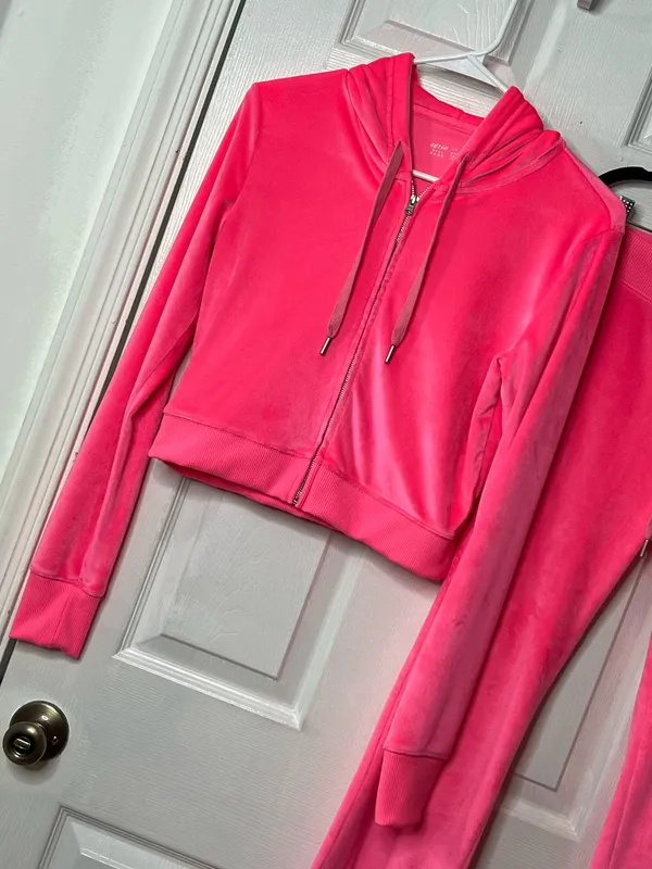 Aerie Velour Tracksuit Set Pink Y2K Lounge Pants Hoodie Coquette Barbiecore S - Image 4