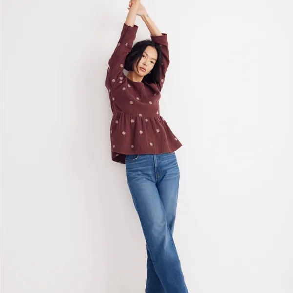 Madewell Embroidered Lightspun Peplum Gauze Open-Back Top in Vintage mulberry - Image 2