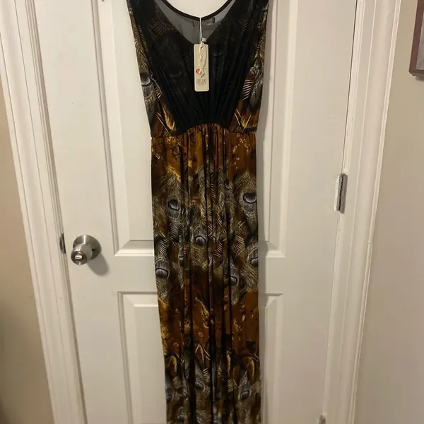 Julia Peacock Feather Maxi Dress Womens Medium Brown Mesh Inset Long Sundress NW - Image 2