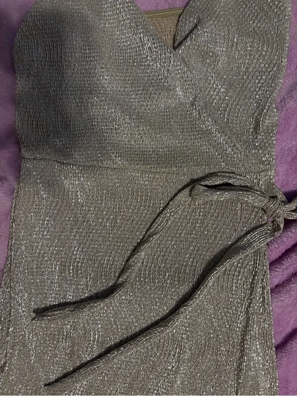 River Island Metallic Gold Wrap MIDI Dress with Tie - Image 3