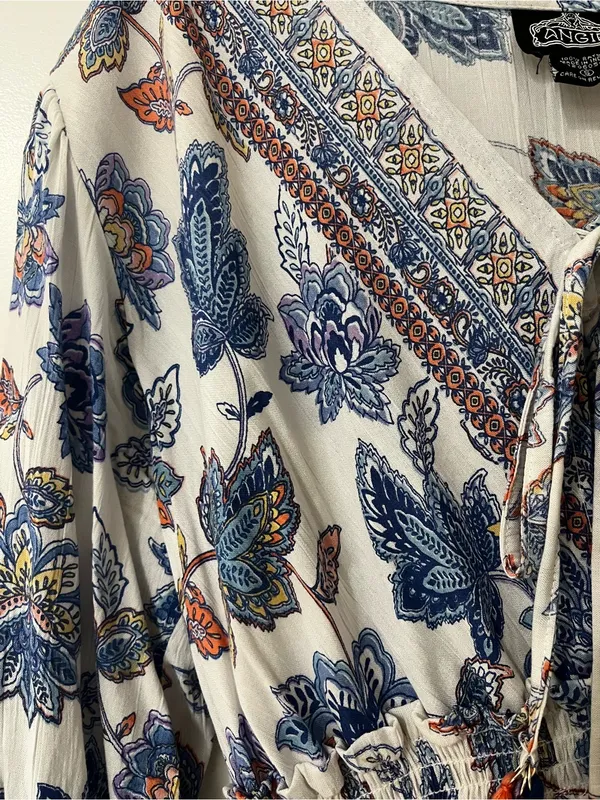 Angie White Boho Floral Long Sleeve Midi Dress with Blue & Rust Accents - Image 2