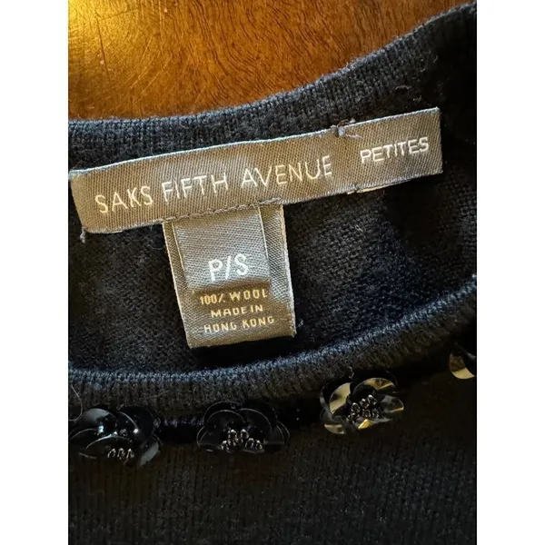 Saks Fifth Avenue Sweater Women Small Petite Black Wool Beaded Neck Tank Gothic - Image 6