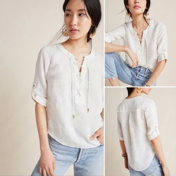 Maeve Anthropologie Linen Too Lace Up Cream Coastal Minimalist Preppy Nautical - Image 6