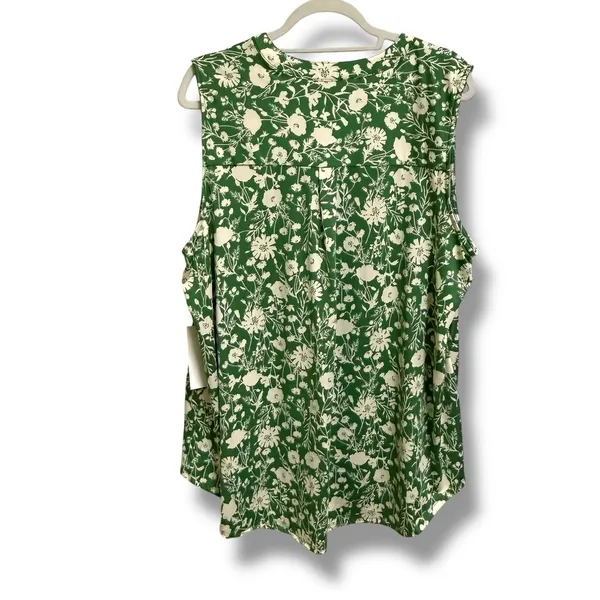 Fyve Womens 2X Green Cream Floral Sleeveless Half Zip Blouse Pockets Jersey Knit - Image 2