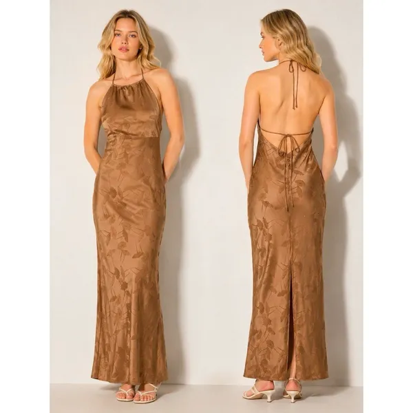 a new day Brown Floral formal Halter Sleeveless Maxi Dress size M satin - Image 2