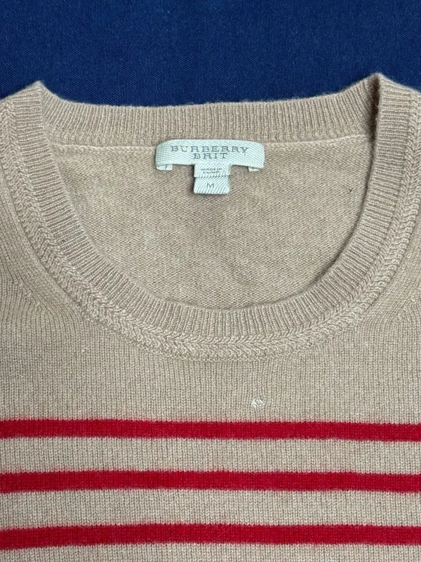 Burberry Brit 100% Cashmere Striped Sweater Red Beige Equestrian Logo M - Image 9