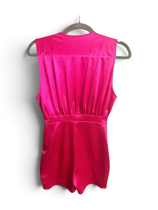 Hot Pink Satin Romper Barbie Halloween Costume Party Deep V - Image 2