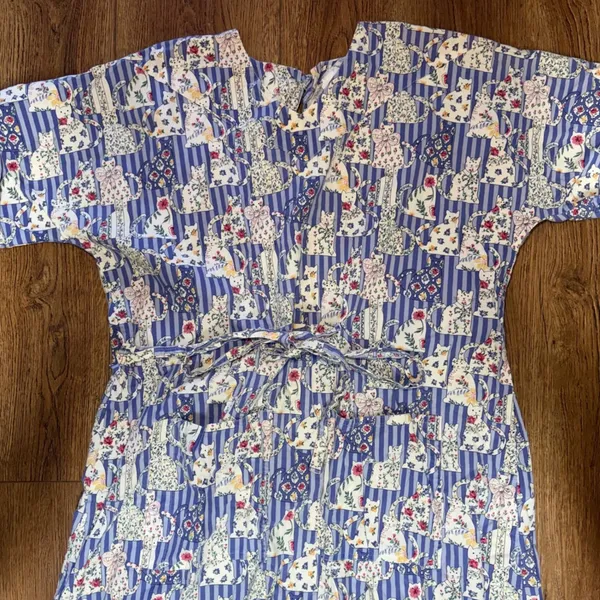 80s‎ SCRUBS Cat Floral Print Striped Scrub Dress XL Blue Cotton Pockets USA Made - Image 4