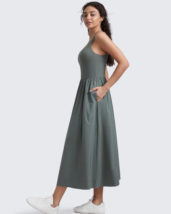 CRZ YOGA Square Neck Maxi Dress for Women - Flowy Sleeveless Padded Travel Casual Outfits with Side Pockets - Image 2
