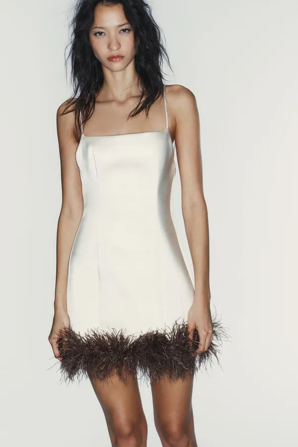 Zara Satin Mini Dress with Feather Hem in Cream - Image 5