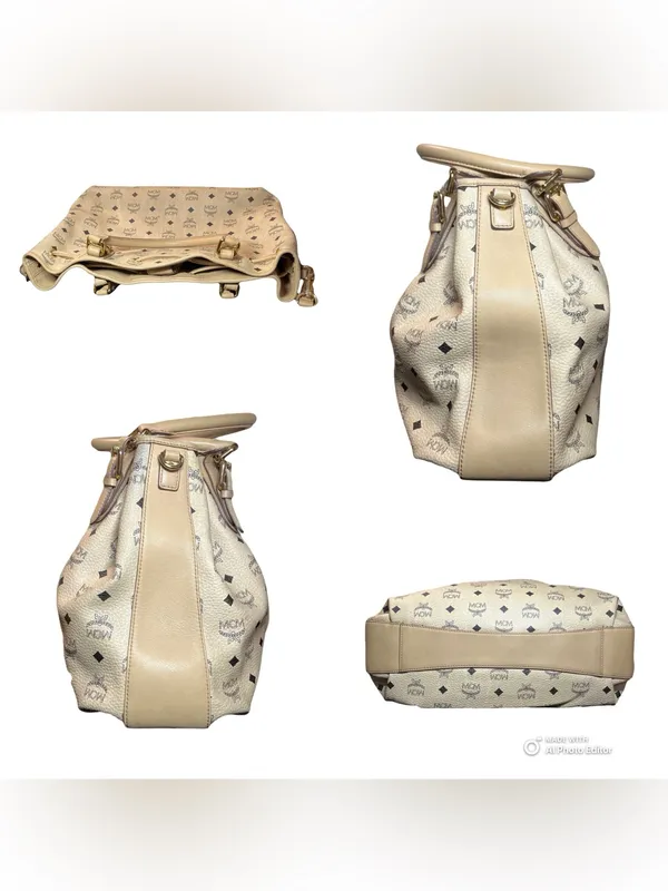Vintage MCM Cream Visetos Monogram Drawstring Bucket Shoulder Bag Tote - Image 5
