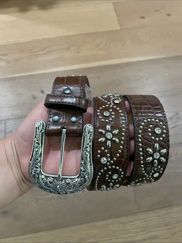 Western Ariat Womens Croc Print Studs Crystals Brown Leather Belt Style A1510602 - Image 2