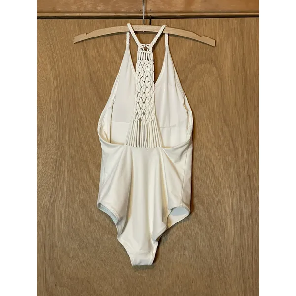 Aerie Women Medium Macrame Halter‎ Top One Piece Swimsuit White - Image 6