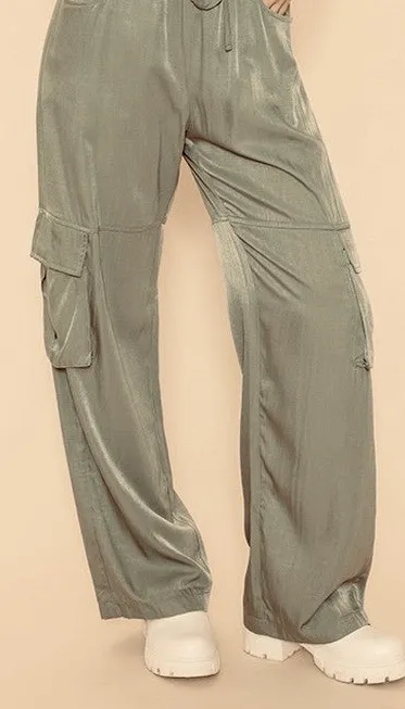 BUZZ FASHION Cargo Wide Leg PULL-ON SATIN Effect heigh waisted stretchy pants L - Image 2