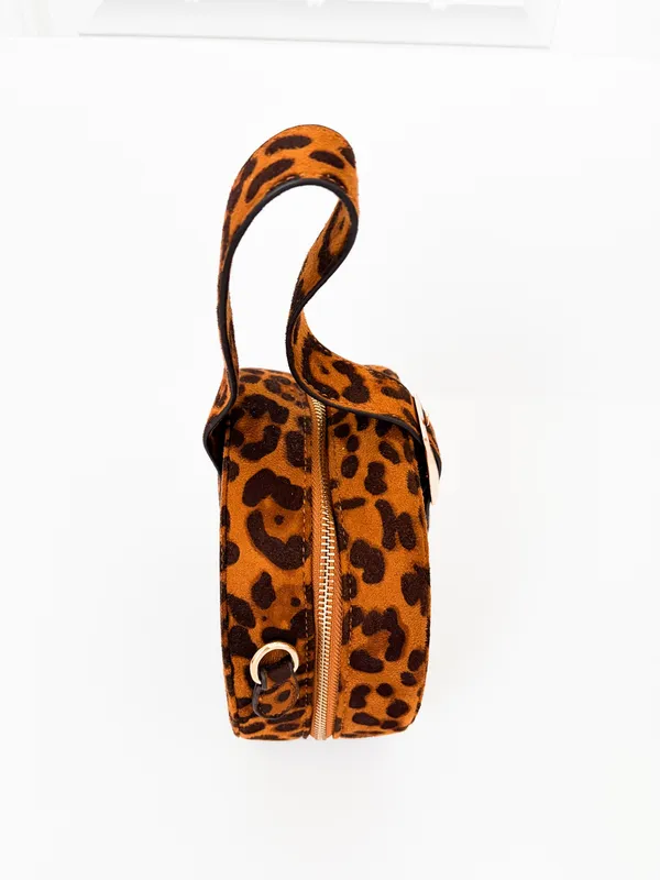 Leopard Print Round Top Handle Bag Brown Black One Size - Image 4