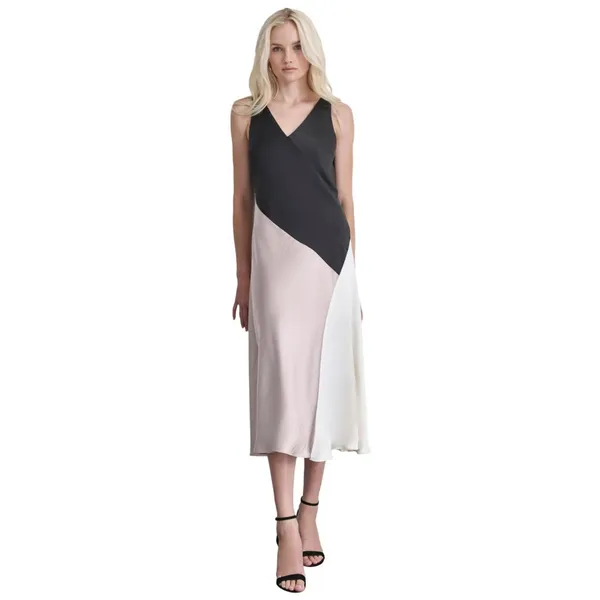 DKNY Satin Colorblocked Slip V Neck Midi Dress Black / Cloud / Eggshell 16 - Image 8