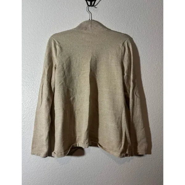 Chico's Size 2 (Large) Beige Gold Metallic Open-Front Cardigan Shimmer Knit - Image 2