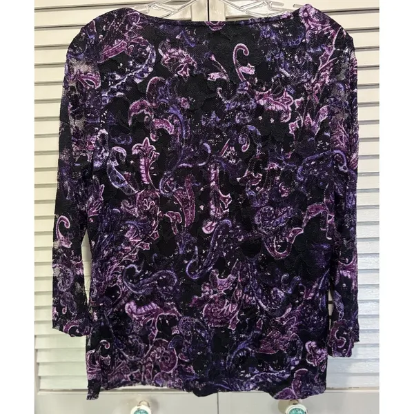 White‎ Stag Purple/Black Lace 3/4 Sleeve Blouse Size L Lined Round Neck Boho - Image 7