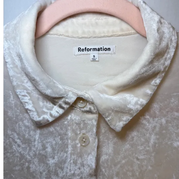 Reformation Willa‎ Velvet Button Down Top Cream Ivory Long Sleeve Small - Image 3
