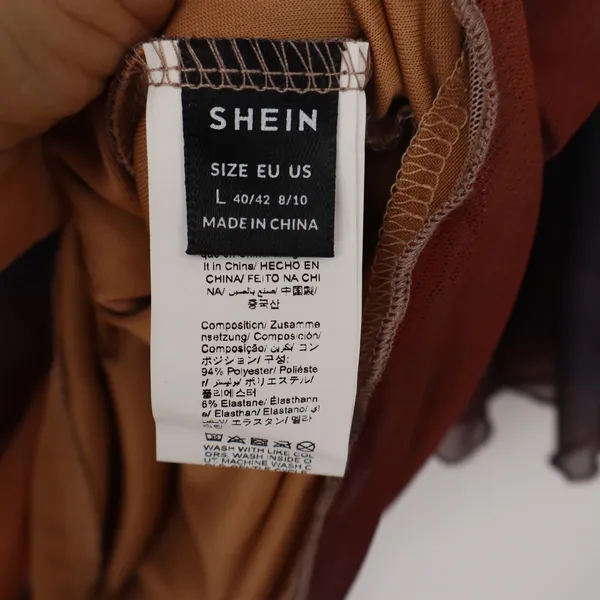 SHEIN Abstract Sunset Mesh Mini Dress Open Back Bell Sleeve Orange Brown Large - Image 2