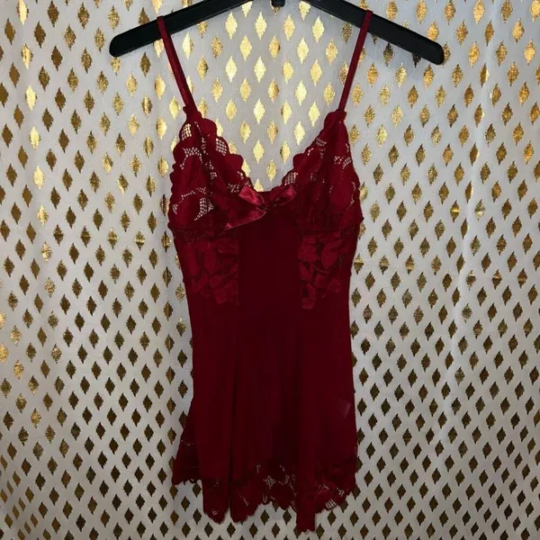 Red lingerie lacy lace slip sling skirt babydoll dress size S - Image 4