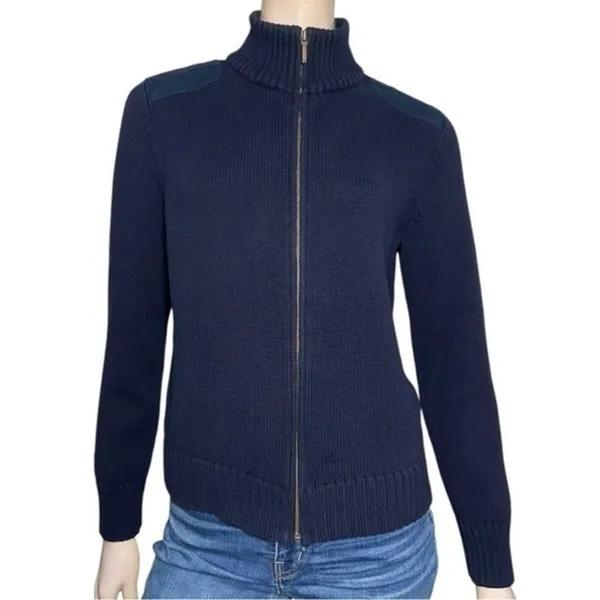 Lauren Ralph Lauren Vintage Size L Navy Blue Cotton Knit Sweater Zip Up Cardigan - Image 3