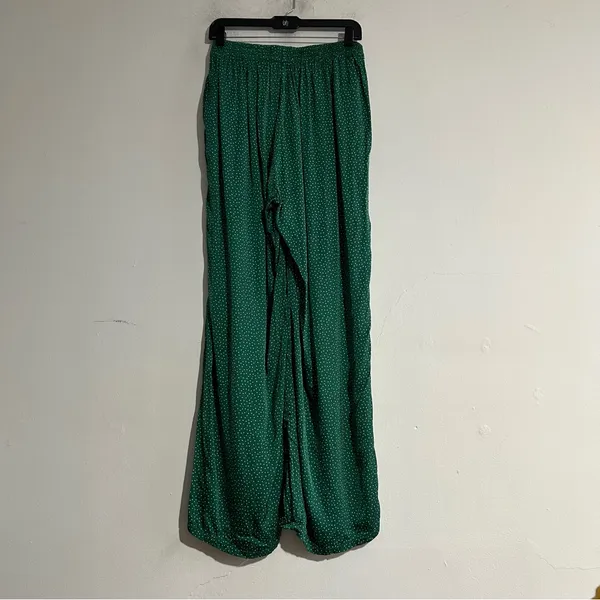 Aerie Off Duty Satin Trouser Wide Leg PJ Pants Island Pine Green Polka Dot Large - Image 4
