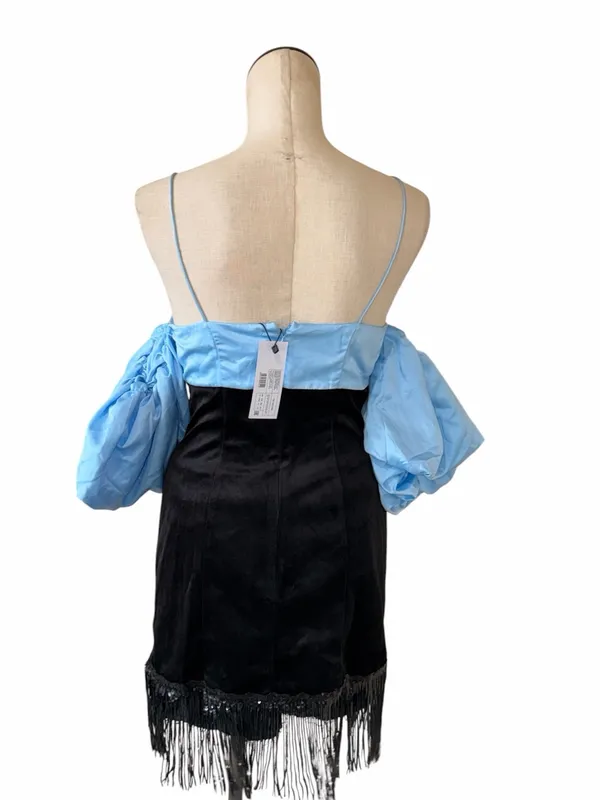 MWT X Julia Cumming puff sleeve fringe detail mini dress in black and blue - Image 7